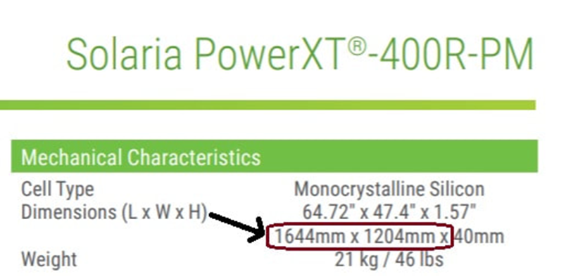 Dimensions of the solar power solar panels