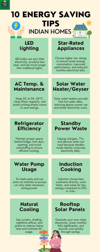 The infographic shows the 10 energy-saving tips for Indian Homes. Solar with Yash