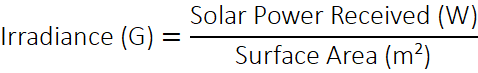The formula of Irradiance is Solar power received per unit area.