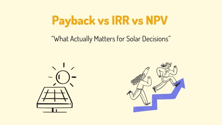 Payback vs IRR vs NPV explained for residential solar decisions, showing how solar investment value grows over time — Solar with Yash
