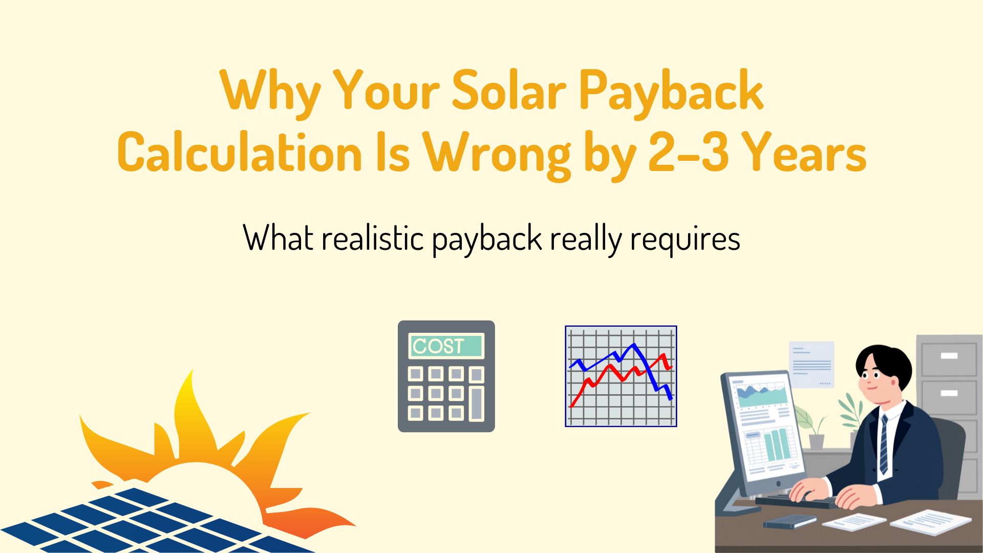 Illustrated blog banner showing why solar payback calculation is wrong by 2–3 years and what realistic payback analysis requires, with cost and performance icons.
