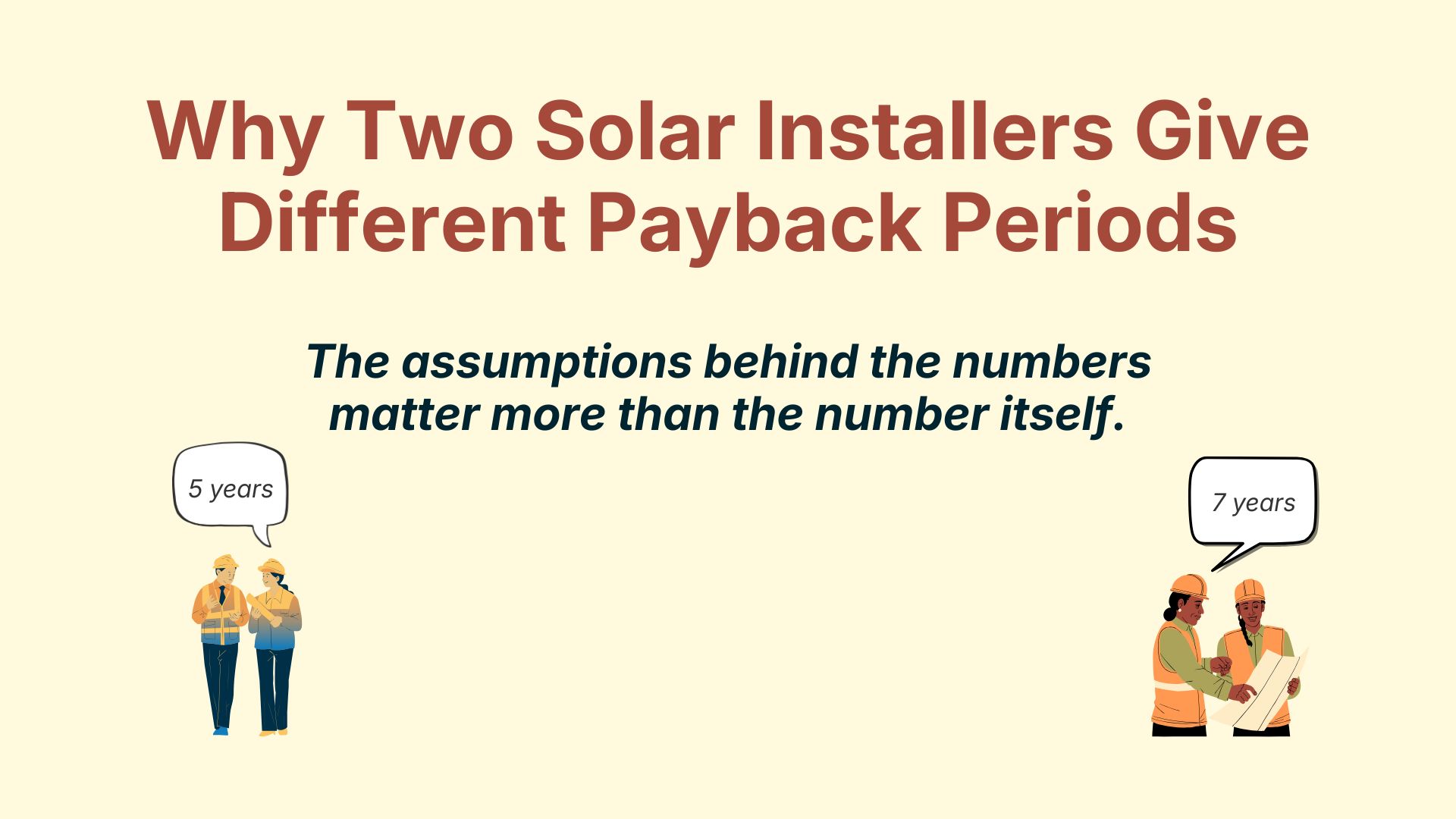 Blog banner showing two solar installers quoting different payback periods, illustrating how assumptions lead to different solar payback calculations.