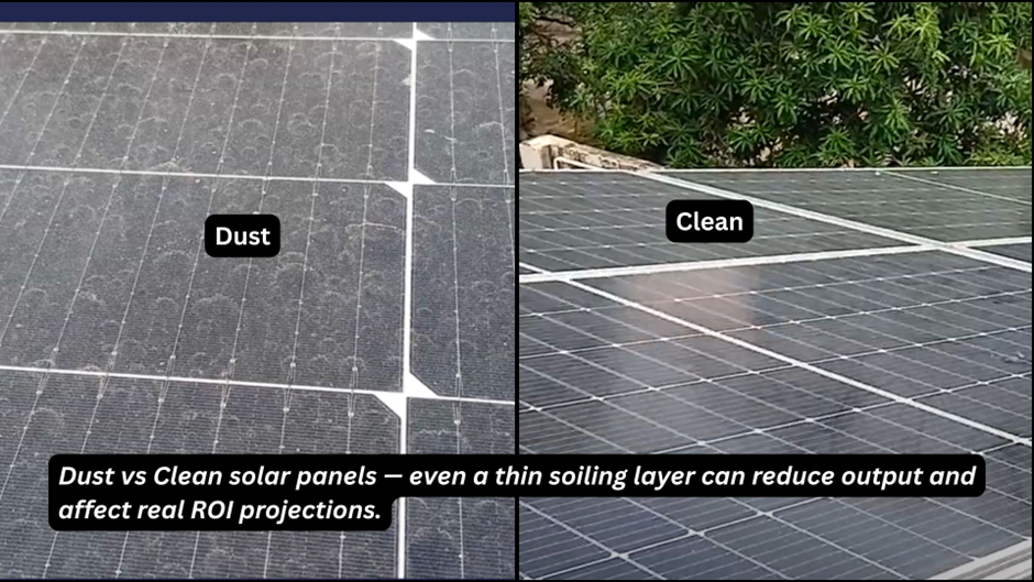 Dust vs clean solar panels comparison showing soiling impact on rooftop solar performance.