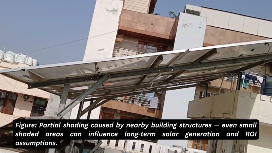 Partial shading on rooftop solar panels caused by nearby building affecting solar generation.