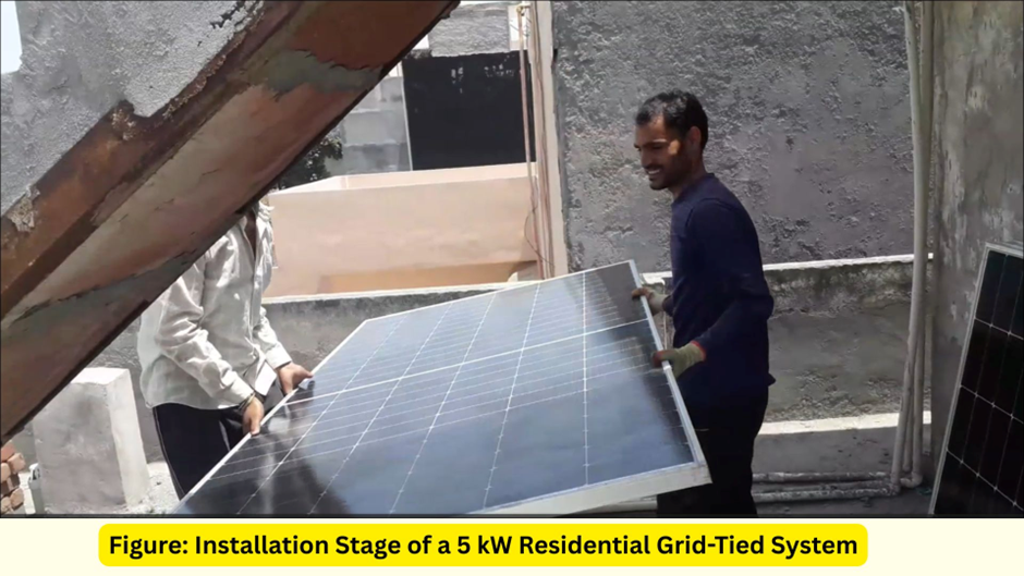 Installation stage of a 5kW residential rooftop solar panel system, India, grid-tied setup.