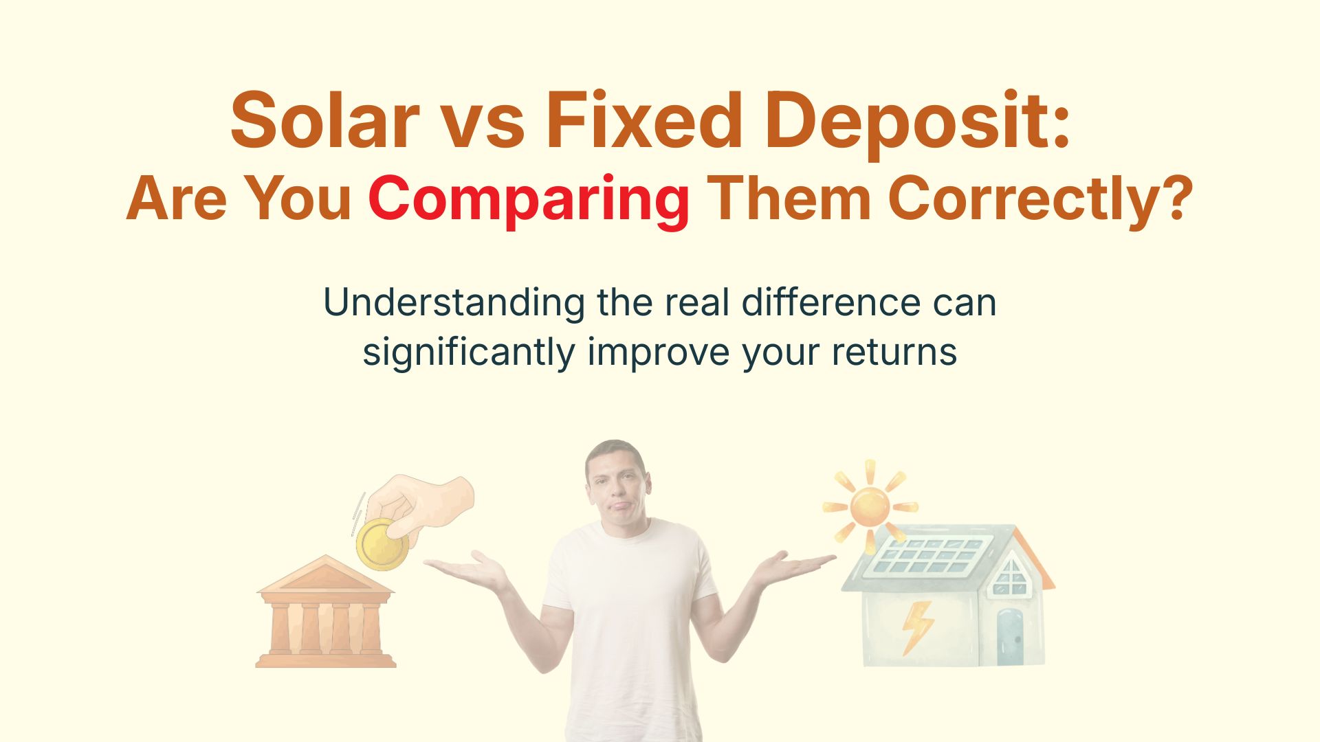 Banner showing comparison between solar and fixed deposit with a person choosing between both, highlighting the question of which investment is better.
