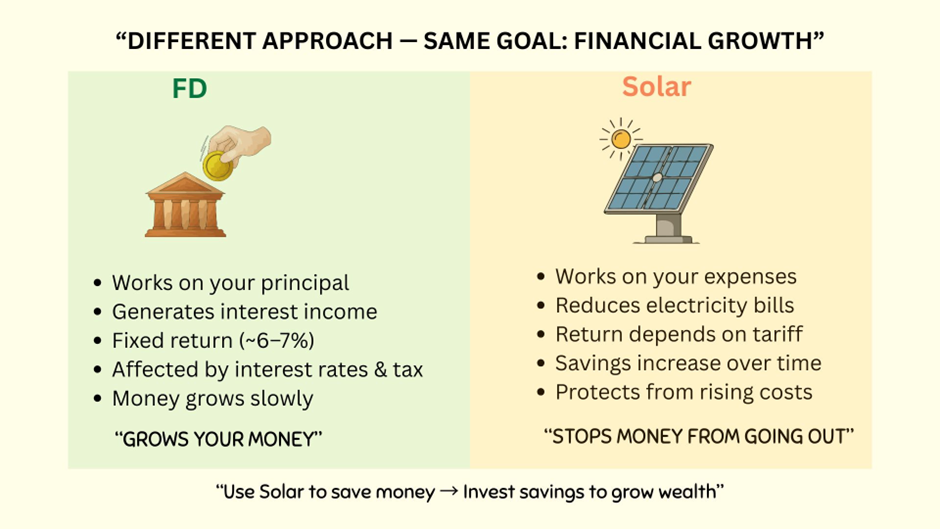 Comparison graphic showing Fixed Deposit vs Solar: FD grows money through interest, while solar reduces electricity expenses and increases savings over time.