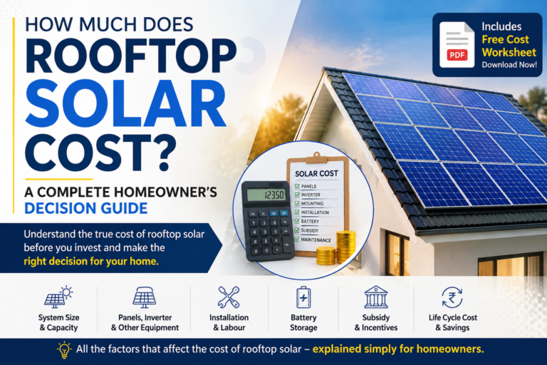 Infographic showing the factors that affect rooftop solar cost, including system size, solar panels, inverter, installation, battery storage, government subsidies, and lifecycle cost for homeowners.