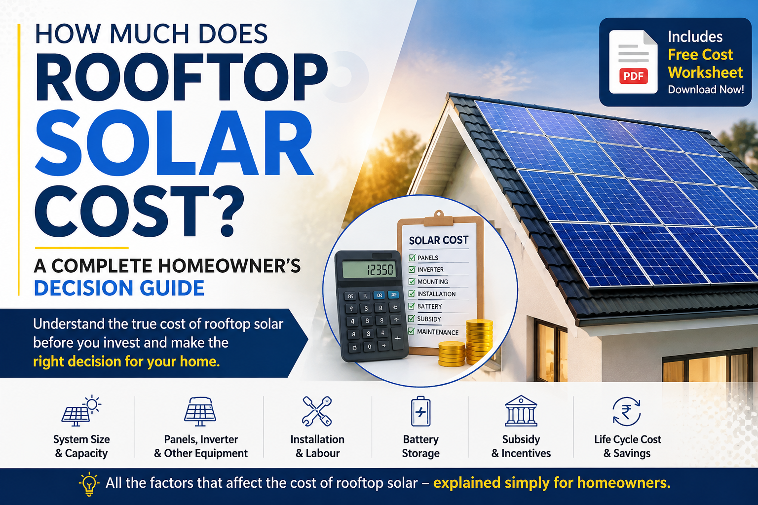 Infographic showing the factors that affect rooftop solar cost, including system size, solar panels, inverter, installation, battery storage, government subsidies, and lifecycle cost for homeowners.